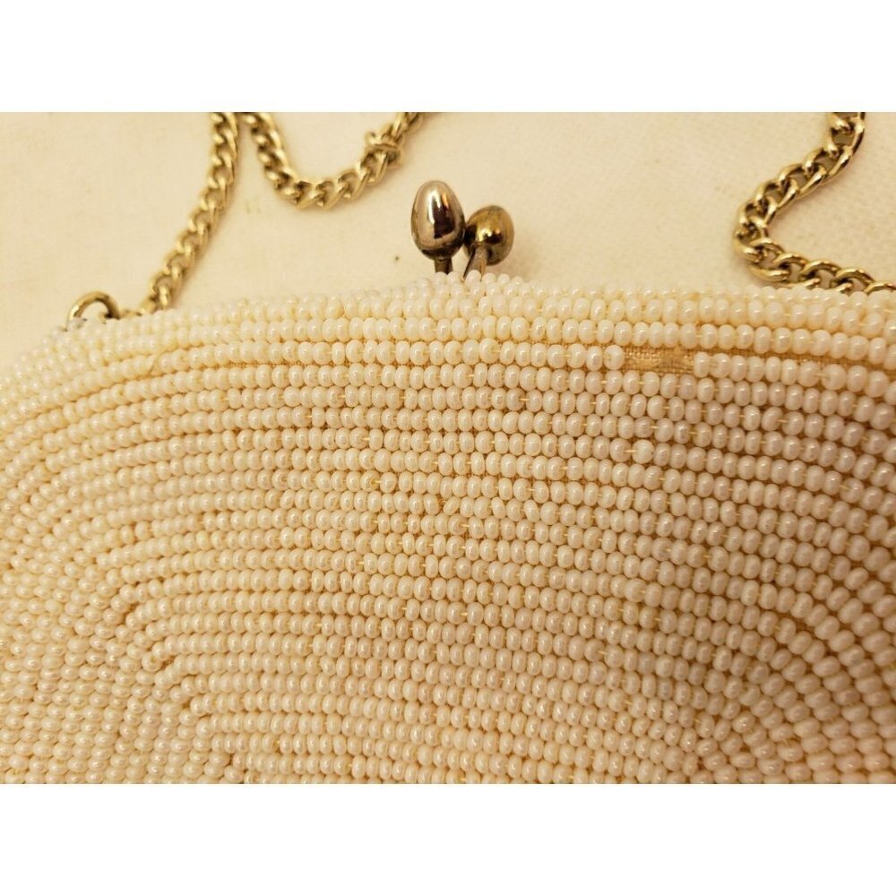 Richere White Beaded Evening Bag Seed Pearls Beads Gold Chain Clutch Purse Japan - Picture 5 of 10